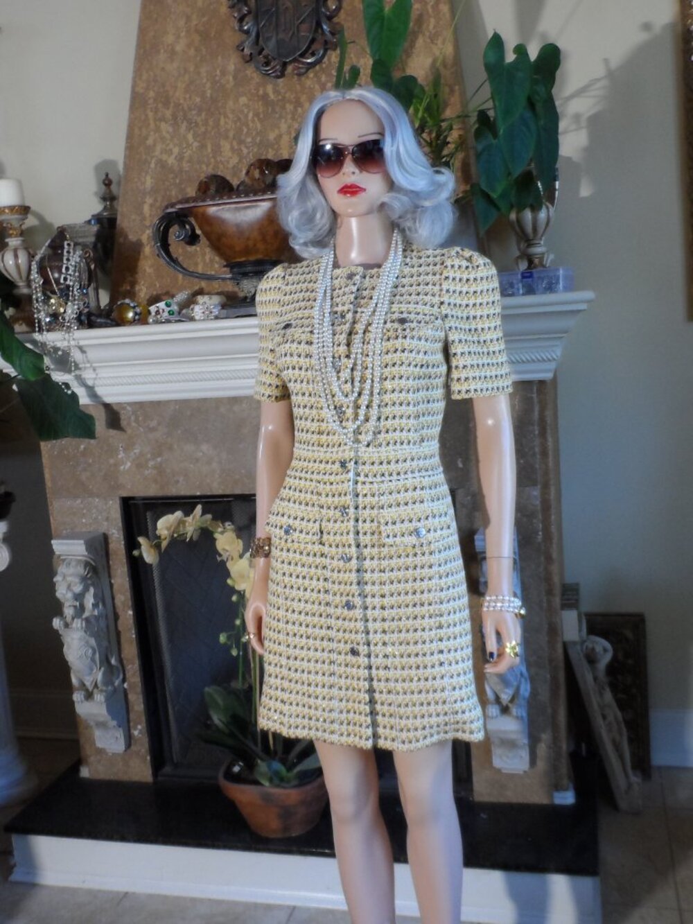 Maje Yellow Tweed Short Sleeve Button Front Dress Size IT 36 US 0